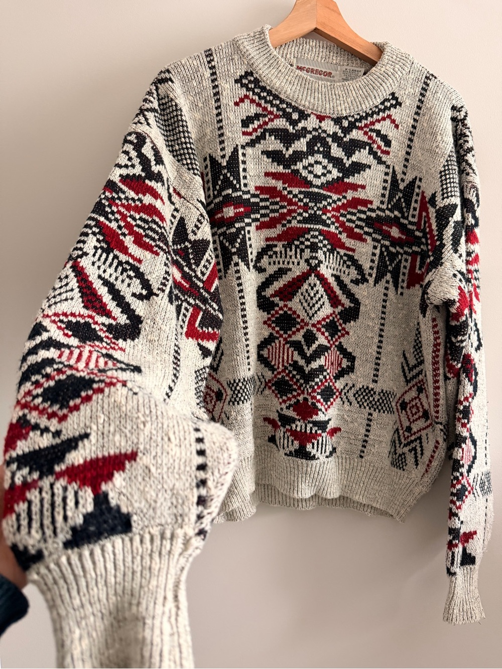 Vintage McGregor Cream Aztec Knit Sweater with Red & Black Accents